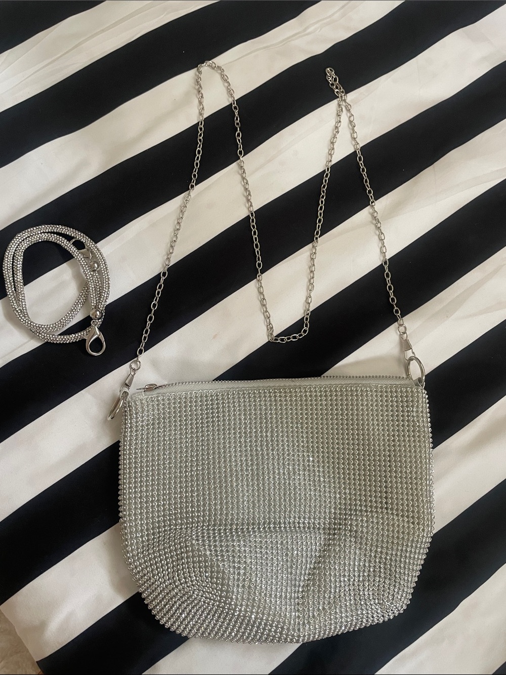 Never used! Delicate rhinestones evening purse with long and short strap